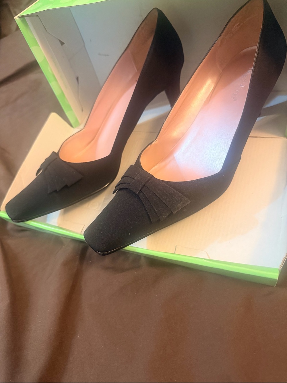 Madeline Black Square-Toe Heels with Bow Accent